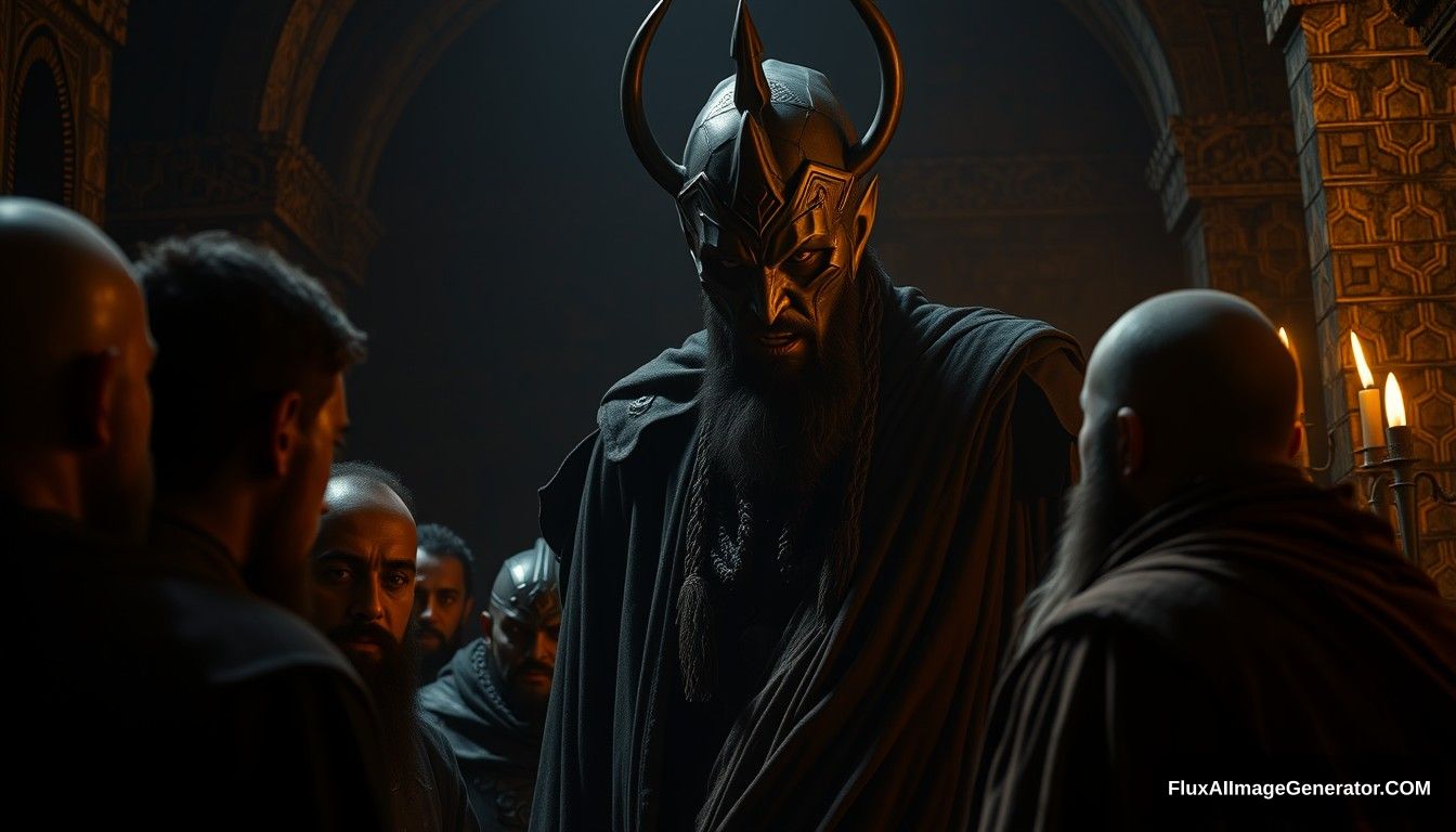 Close-up scene inside the monastery, showing Dajjal asking questions to a group of men. The atmosphere is tense, with Dajjal's imposing figure looming over them. Ultra HD, realistic, intense, with dramatic and cinematic lighting.