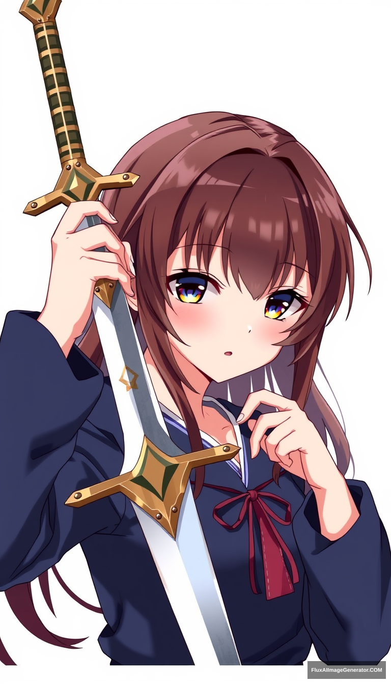 Anime girl with a unique sword. Brown hair and dark blue clothing. Holding it correctly. Short blade. - Image