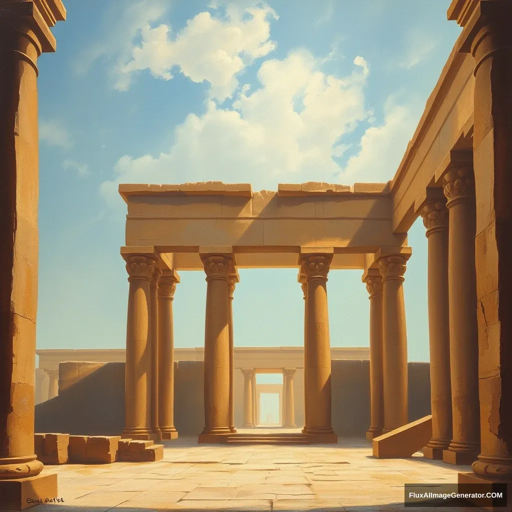 An old oil painting of an Egyptian temple. View from inside.