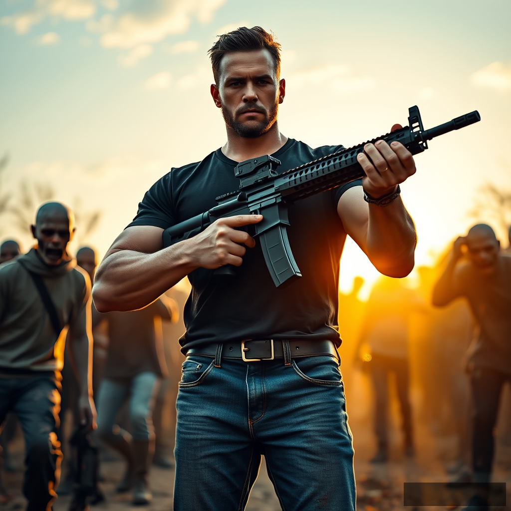 Portrait of a strong man in a black t-shirt and a pair of blue jeans holding an mk18 mod1 rifle with both hands, in high ready posture, surrounded by zombies, wide angle, golden hour lighting, ray tracing, global illumination.