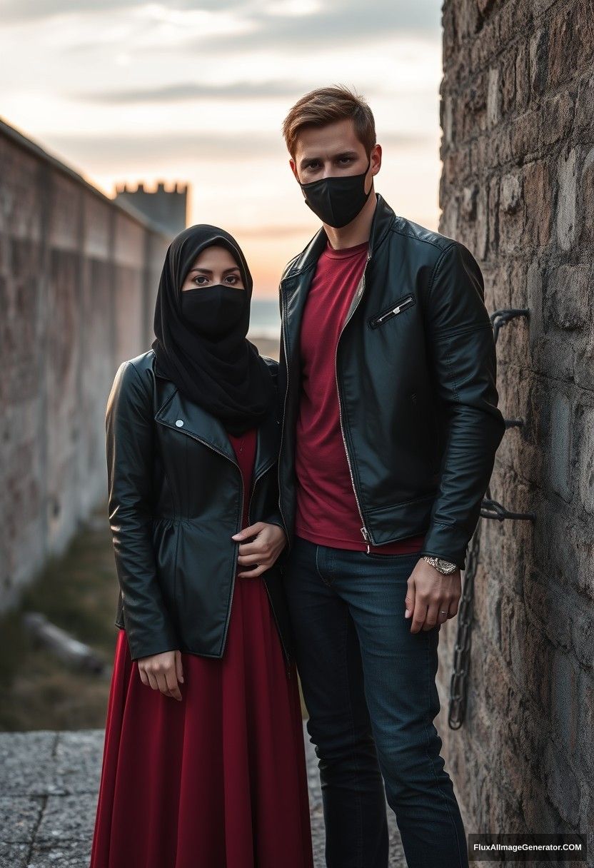 A biggest black hijab girl, beautiful eyes, face mask black, black leather jacket, biggest red longest dress, not tall,

Jamie Dornan, handsome, face mask black, fit and tough body, metal red t-shirt, black leather jacket, jeans, tall man,

standing near wall together, 
Hyper realistic, photorealistic, street photography, Victoria's abandoned castle, near beach, sunrise. - Image