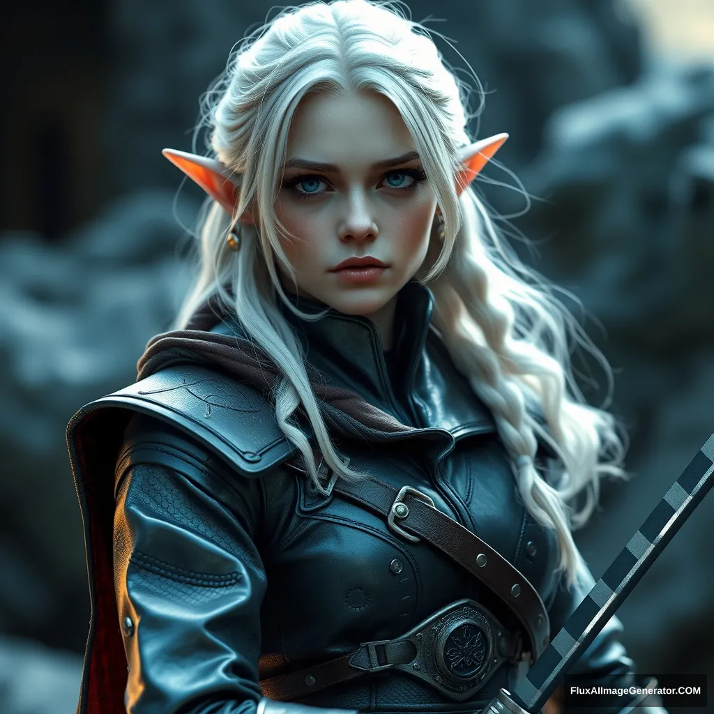 girl elf wizard (Scarlett Ingrid Johansson), full body shot, platinum colored hair, military metallic uniform, hyper-realistic photo, 8K, unreal engine,