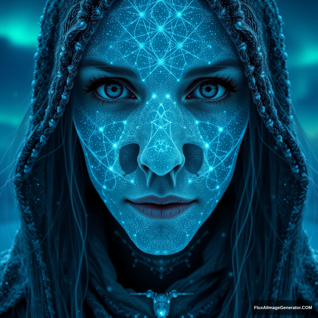 A symmetric portrait of a female, evil frozen necromancer, features dissolving into frozen magic thin, luminescent blue lines. Weighted Voronoi stippling and laser caustics create a network, transitioning from hyperrealistic detail to abstract, quantum-inspired forms. Ethereal hues blend, evoking existential transition and mystery. Close-up on face, evil skull partially visible. Set against a twilight arctic backdrop, icy winds ripple through her tattered robes. Rendered in a fusion of photorealism and digital surrealism, the scene is illuminated by ghostly Northern Lights. Emphasis on cold, menacing atmosphere, invoking Nordic myths.