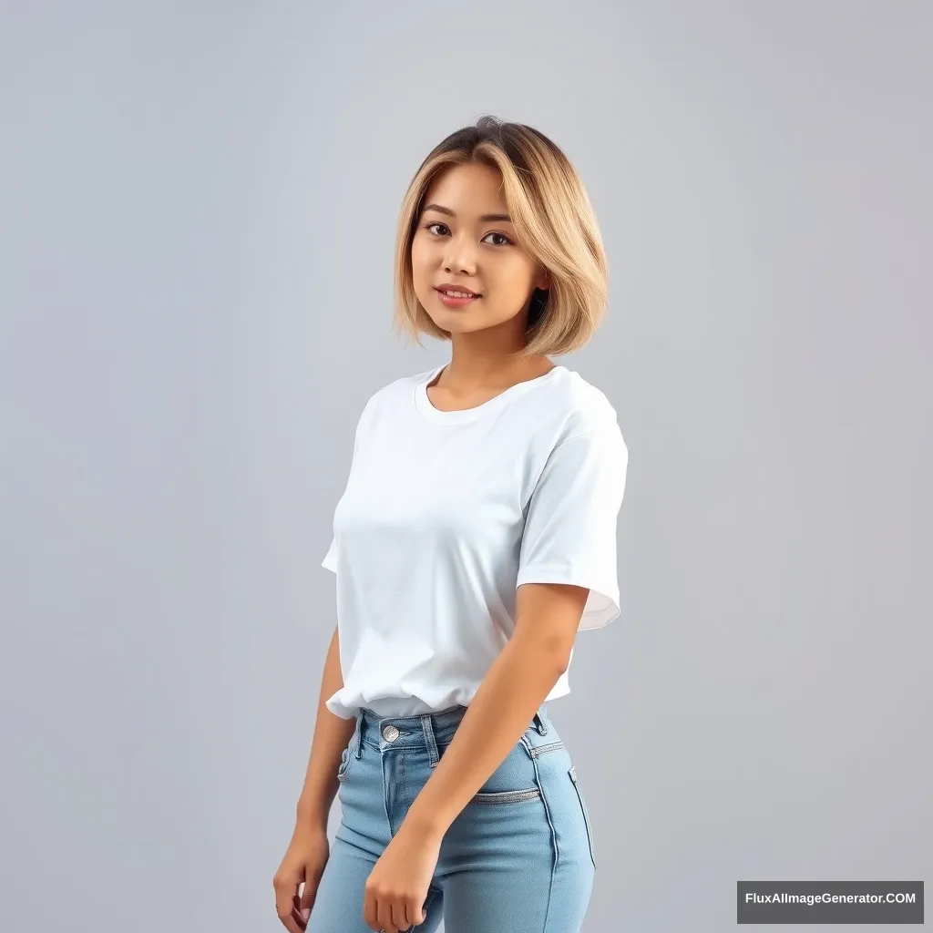 A beautiful woman, short hair, white T-shirt, jeans, Asian. - Image