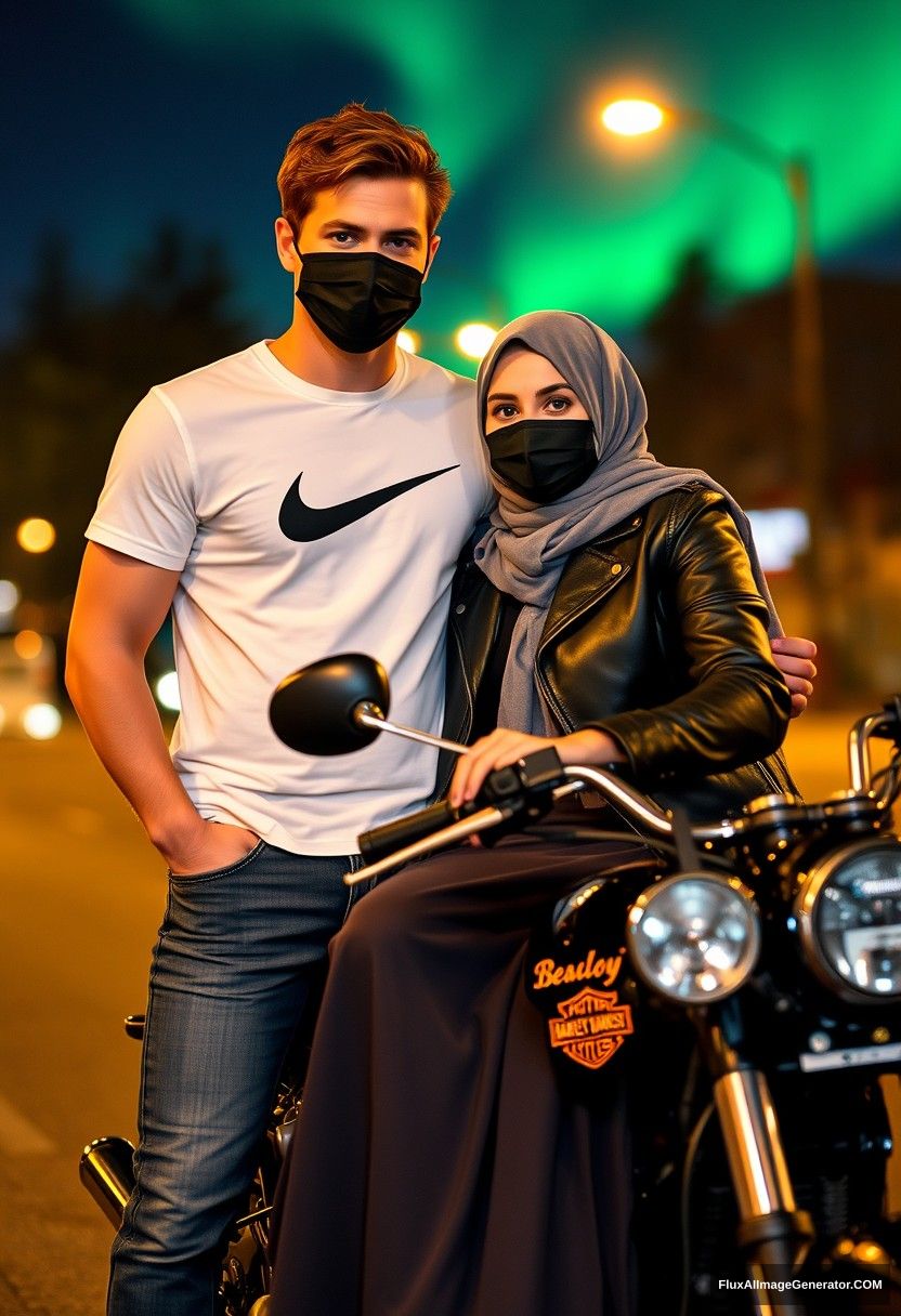 Jamie Dornan, tall, young, black face mask, white Nike T-shirt, jeans, 

dating, romantic love with a gray hijab Muslim girl, beautiful eyes, black face mask, leather jacket, very long and big skirt, not a tall girl, 

sitting on a motorcycle for photography, Harley Davidson model, in town, photorealistic, street photography, night scenery, aurora borealis. - Image