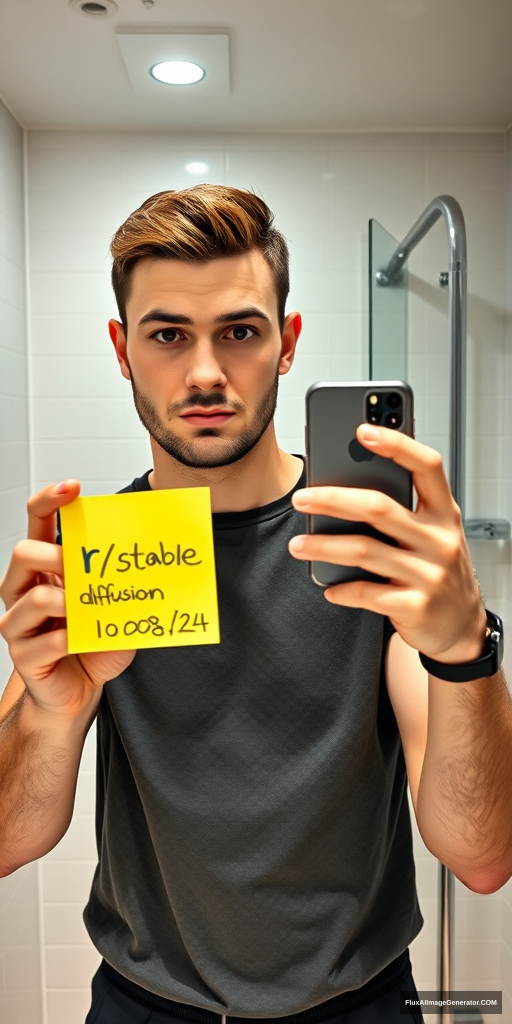 Man in sleek modern bathroom, capturing mirror selfie with smartphone. Holds neon yellow post-it note reading "r/stablediffusion" "10/08/24". Hyper-realistic style: razor-sharp details, lifelike textures. Gleaming chrome fixtures, soft ambient lighting. Expression of mild curiosity. Millennial aesthetic, tech-savvy atmosphere. - Image