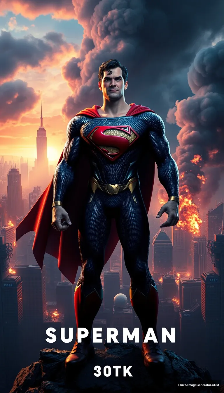 breathtaking 3D animated movie poster, Pixar style, Superman at the center, destroyed city in the background, cinematic, vibrant colors, highly detailed, 8k, hyperrealistic, dramatic lighting - Image