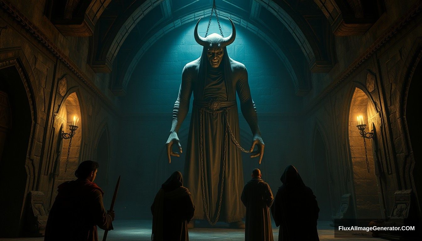 The interior of an ancient, dimly lit monastery. Tamim and his companions encounter Dajjal, a towering, menacing figure bound by chains, with a terrifying visage. Ultra HD, realistic, dark, and atmospheric with cinematic lighting.