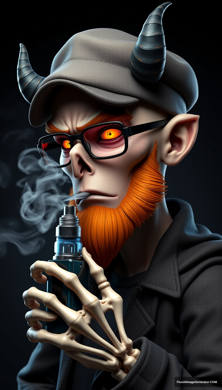 Three-quarter view of a sinister, bald cartoon human male with subtle necromancer features. Demonic obsidian horns contrast with short, fiery ginger beard. Weathered flat cap and aviator glasses, hellfire glowing eyes. Skeletal fingers clutch chrome vape mod, exhaling dense, swirling vapor clouds. 3D rendered.