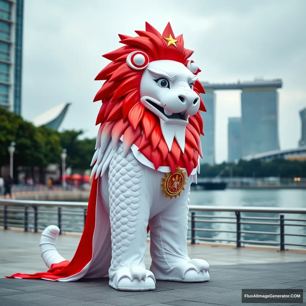 Imagine a Merlion dressed in a Singapore flag costume. - Image