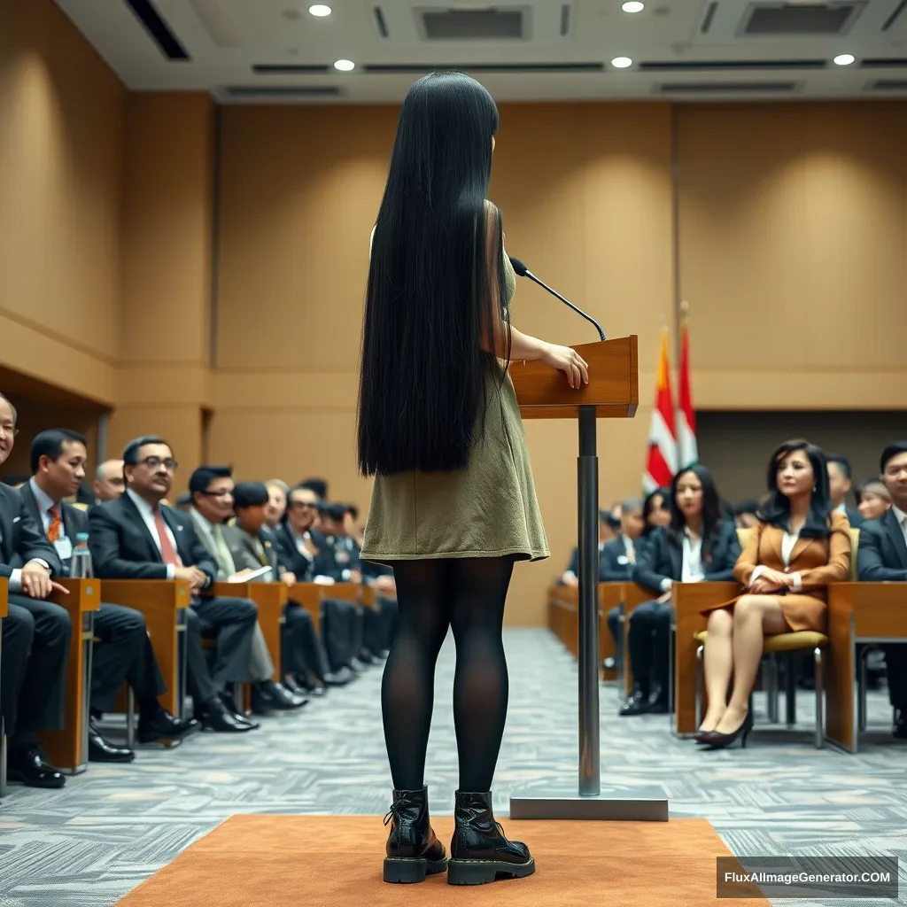 A full-body photo of a Chinese female idol with absurdly long black straight hair and blunt bangs, wearing black stockings and Dr. Martens shoes on the lower half, and a dress that has been half-burned on the upper half, giving a speech at the podium in a conference room, with politicians from various countries seated in the audience.