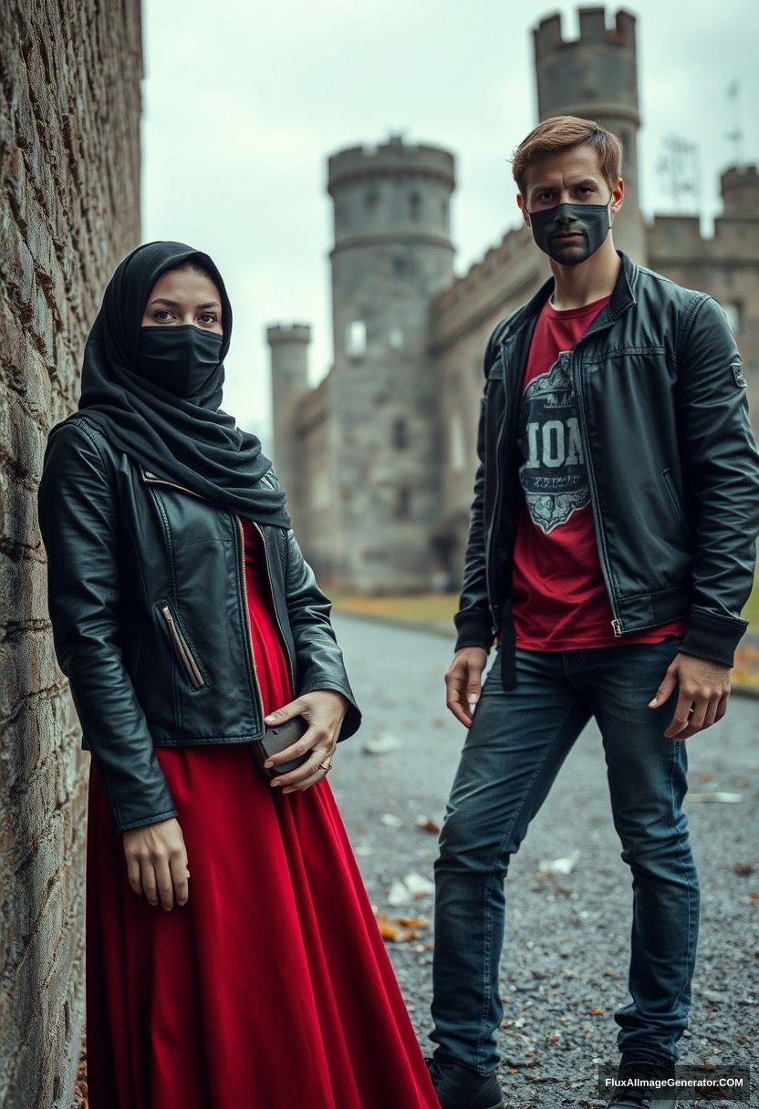 A biggest black hijab girl, beautiful eyes, face mask black, black leather jacket, biggest red longest dress, not tall,

Jamie Dornan, handsome, face mask black, fit and tough body, metal red t-shirt, black leather jacket, jeans, tall man,

standing near wall together,
Hyper realistic, photorealistic, street photography, Victoria's abandoned castle, gloomy. - Image