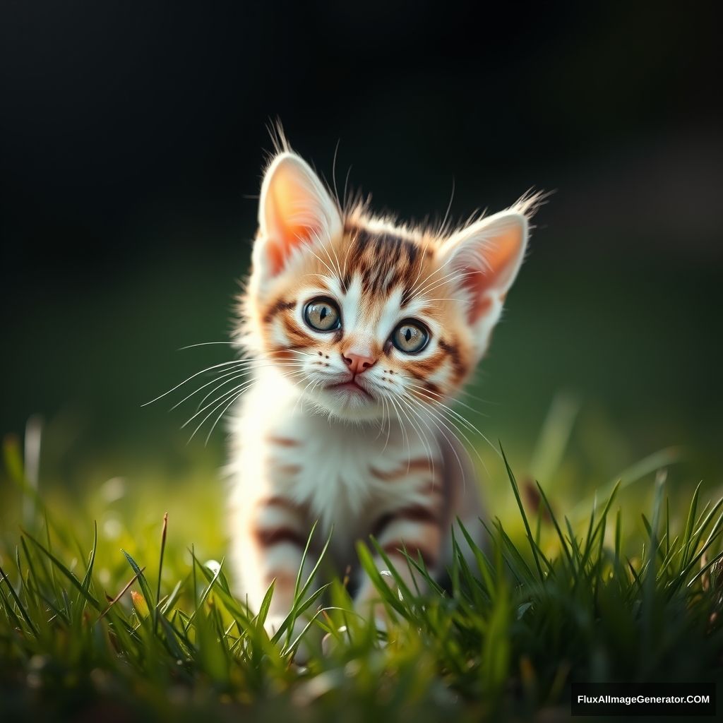 Portrait of a lovely kitten, on the grass, looking towards the camera curiously, panoramic view, light tracing, global lighting effects, 2k. - Image