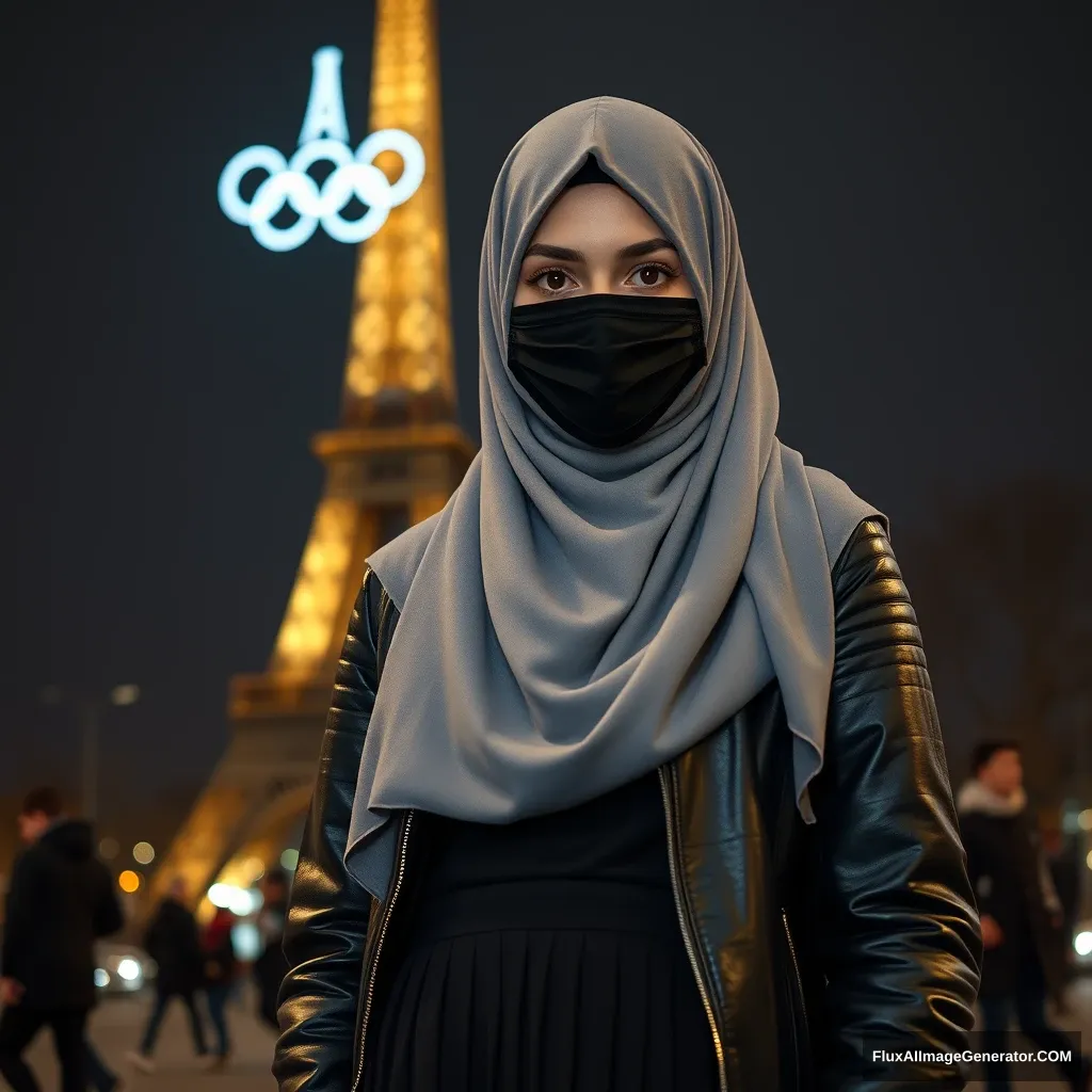 A biggest grey hijab Muslim girl, beautiful eyes, face mask black, black leather jacket, biggest longest skirt, standing near Eiffel Tower theme Olympic logos, night scenery, hyper realistic, street photography. - Image