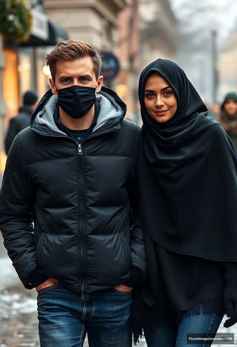 Jamie Dornan's handsome, young face with a black face mask, wearing a snow jacket and jeans, is on a date with a beautiful girl in a large black hijab, who has beautiful eyes. They are in winter scenery, walking together in town, captured in hyper-realistic street photography.