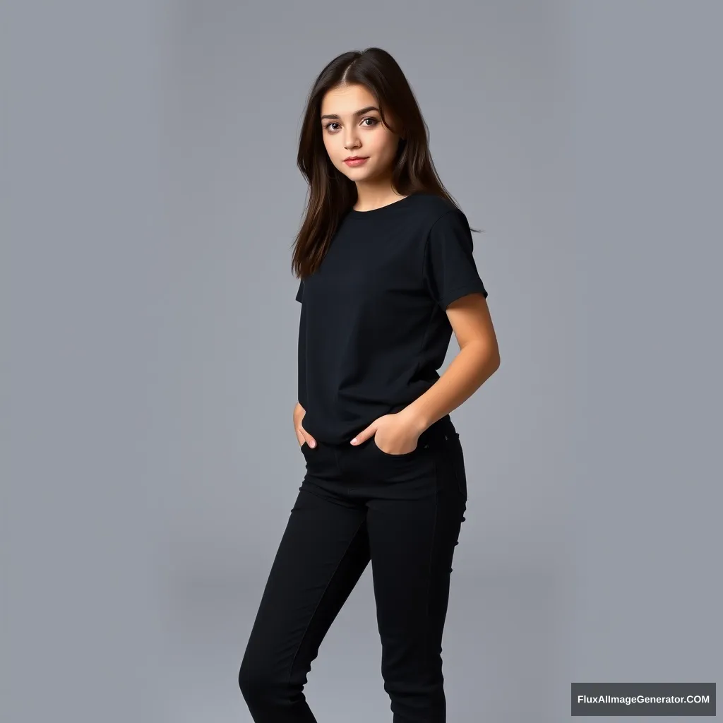 White-skinned, beautiful teenage woman with dark hair and dark eyes, wearing a simple black t-shirt, black jeans, and black styled sneakers, professional photo, full length. - Image