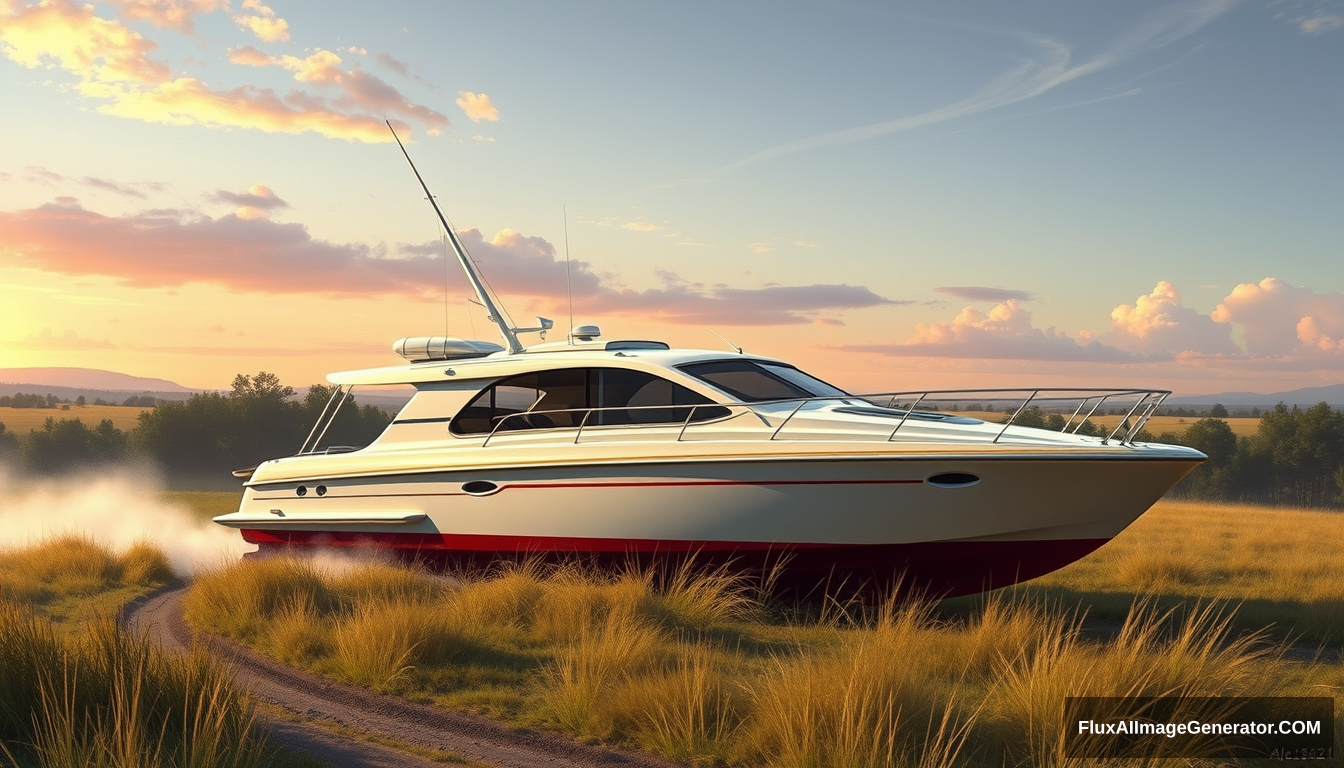 a cabin cruiser concept from the 1970s, as painted by Syd Mead, country setting, 4k.