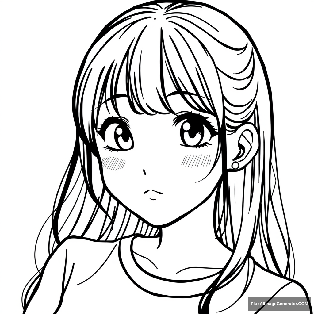 Neat and simple line art character drawing. Anime girl. Very full-figured. Very beautiful. Simple eyes. - Image