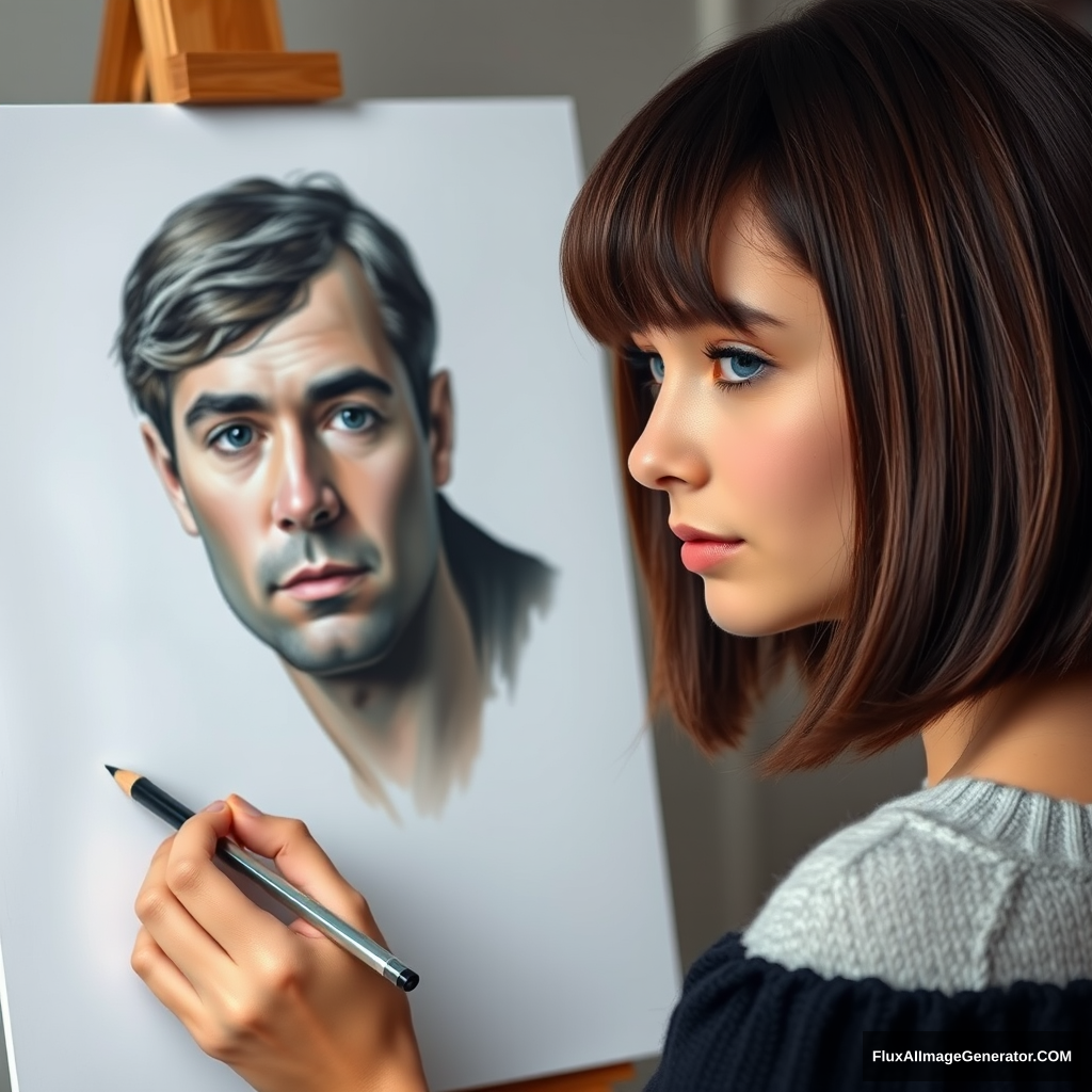 A beautiful brunette girl with a bob draws a portrait of a man's face.