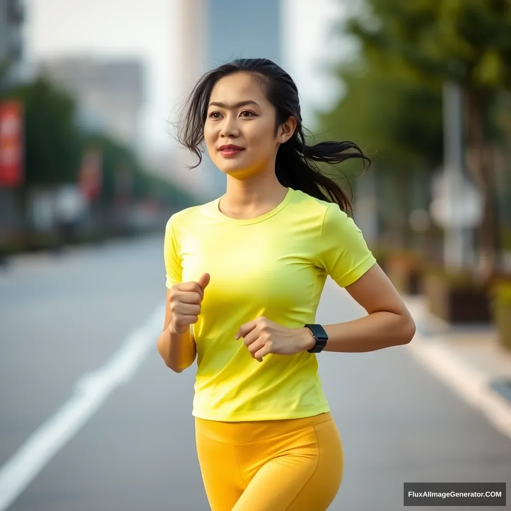 A woman running, Asian, young woman, yellow yoga outfit.