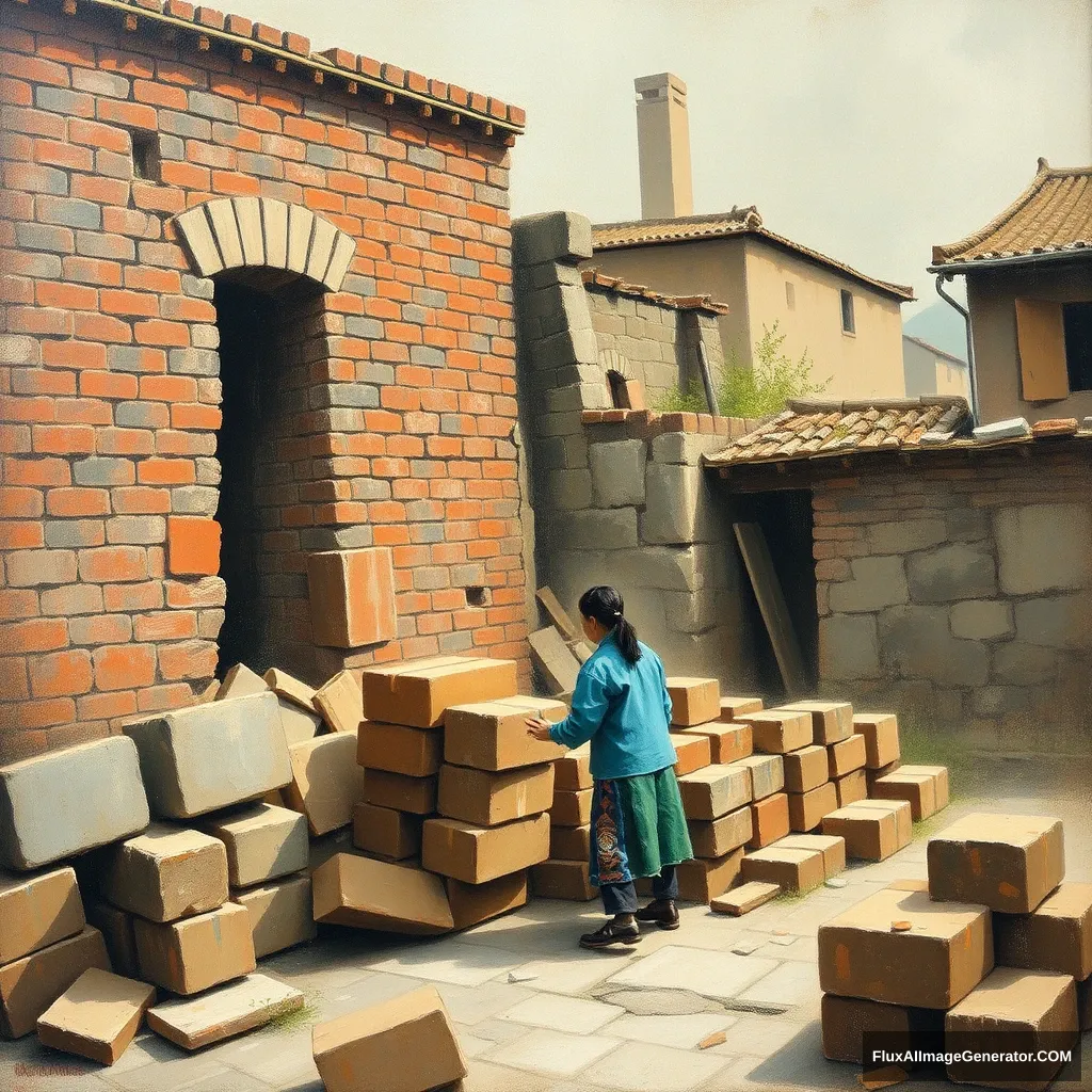 Chen Haifei moved bricks. - Image