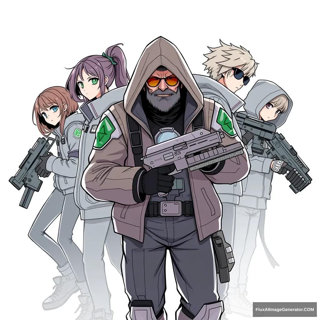 multiple girls, jacket, weapon, multiple boys, hood, facial hair, sunglasses, crossover, robot, beard, science fiction, 6+boys