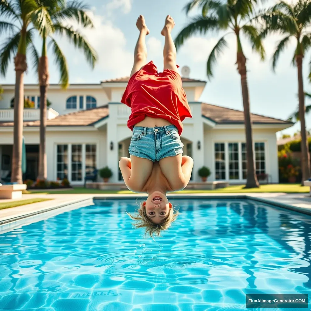 Front view of a young blonde skinny woman in her early twenties in her massive backyard, wearing an oversized red polo t-shirt that is slightly uneven on one shoulder, with the bottom tucked in on all sides. She is also wearing small light blue denim shorts and is barefoot. She jumps into her luxurious pool headfirst, turning upside down. - Image