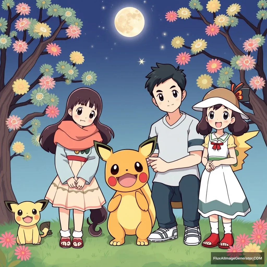 Korean family (father, mother, 2 daughters, 1 son), Pokémon style. - Image