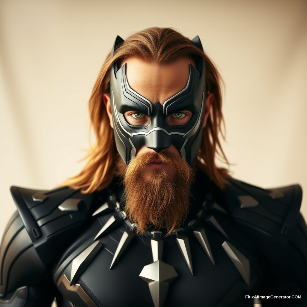 Long brown-haired and short-bearded tall skinny guy cosplaying as Black Panther. - Image