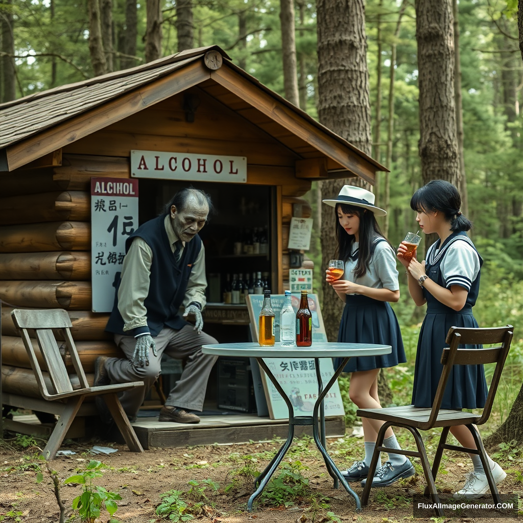 Real-life photography, wide shot: In the forest, there is a wooden cabin selling alcohol, and a dressed zombie comes to buy some. Next to the cabin, there are one table and two chairs, with a zombie wearing a hat sitting and drinking. A Japanese female student wearing a school uniform skirt is selling the alcohol.