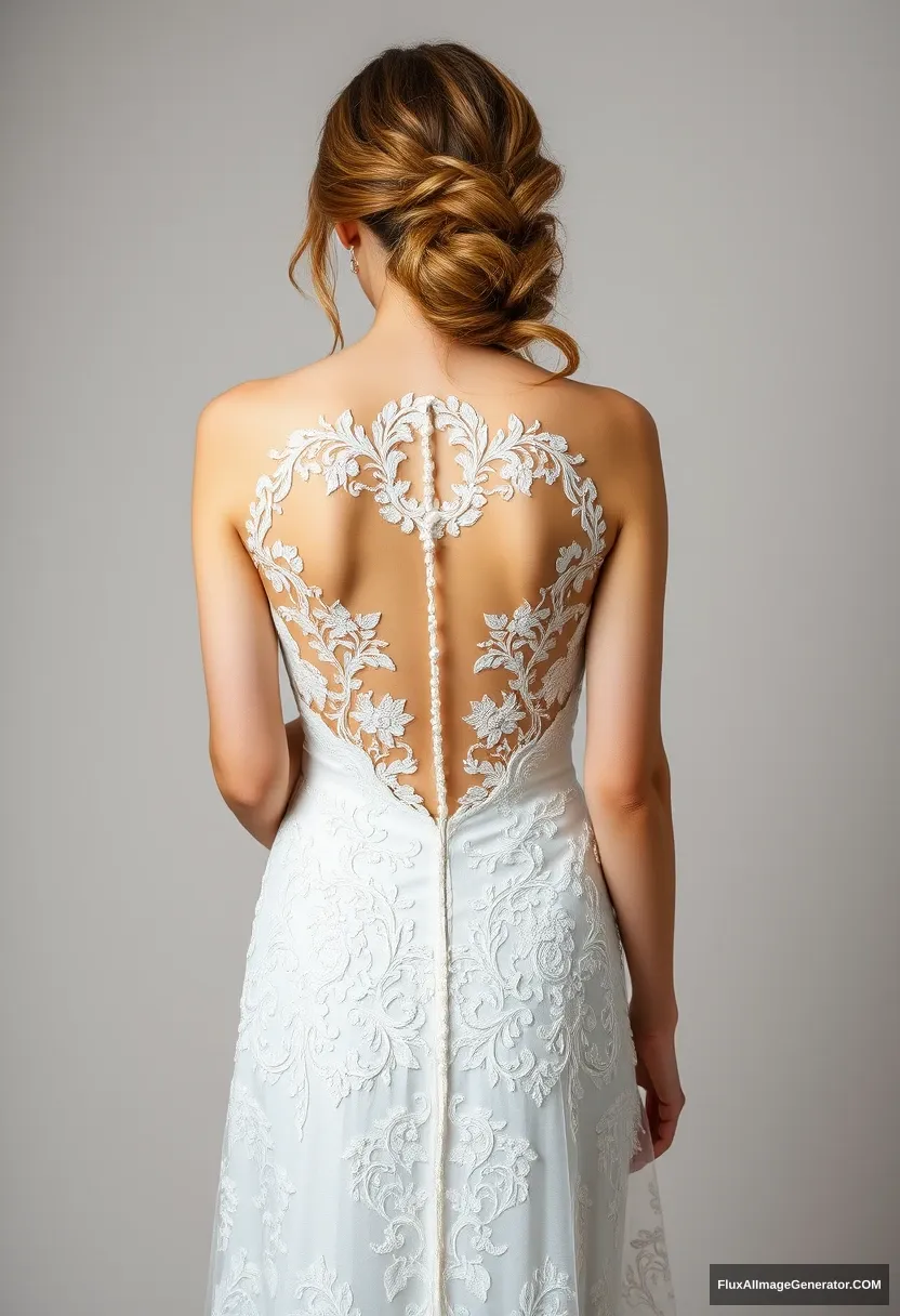 a young woman, sensitive, delicate, ashamed, backless strapless lace wedding dress - Image