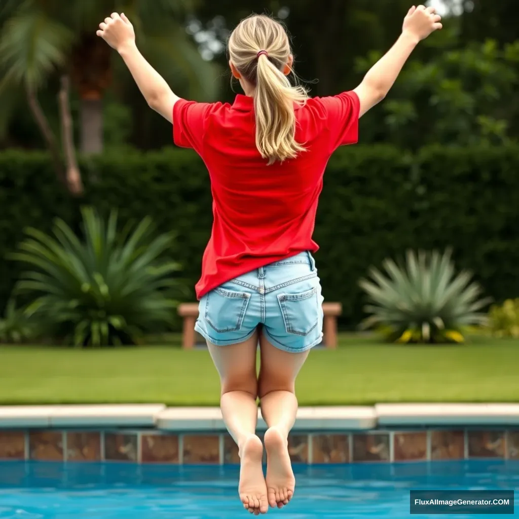 Back view of a young blonde skinny woman in her early twenties who is in her massive backyard wearing a massively oversized red polo t-shirt that is slightly off balance on one shoulder, with the bottom part of her t-shirt tucked out. She is also wearing M-sized light blue denim shorts and is barefoot, diving headfirst into her pool. - Image