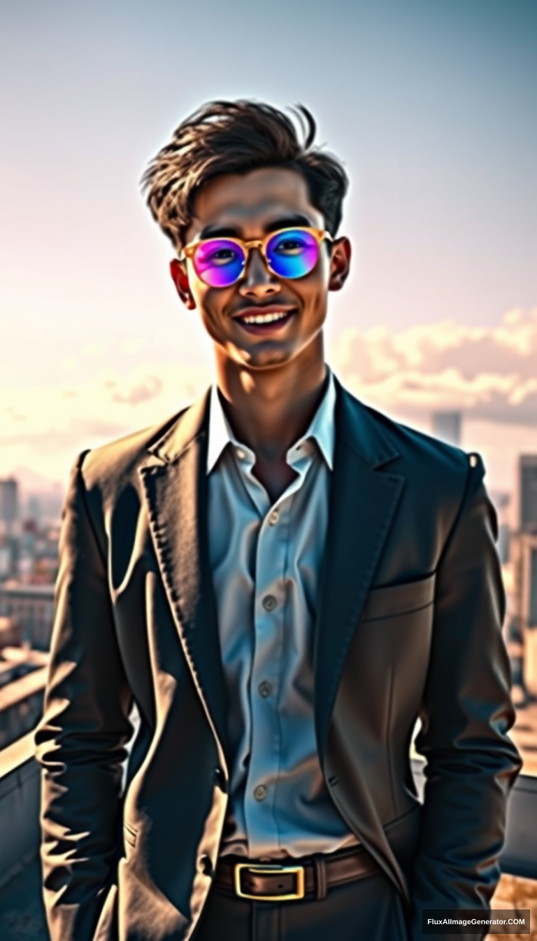 Subject: Full-body portrait of a handsome young man  
Style: Futuristic city, sci-fi style  
Background: Rooftop of a futuristic city, with layers of clouds visible  
Atmosphere: Relaxed and carefree, with a hint of rebellious personality  
Clothing: Business professional, like a high-end suit, with tailored suit pants  
Hairstyle: Short hair, stylishly tousled, showcasing individuality  
Expression: Smiling, confident gaze, slight upward curve of the lips  
Posture: Relaxed stance, arms naturally hanging by the sides, exhibiting a state of natural ease  
Light and shadow: Bright daytime sunlight, creating a contrast of warm and cool tones, highlighting the young man’s outline and expression  
Color: Predominantly laser gradient colors  
Details: Pay attention to the texture of the clothing, such as the refined details of the high-end suit, the quality of the fabric, and the delicacy of the young man's skin  
Accessories: Wearing a pair of color-changing round-frame glasses, can include some personalized accessories like a watch, necklace, or stud earrings to enhance the fashionable feel  
Requirements: Wearing high-quality leather shoes, master piece, best quality, reality.