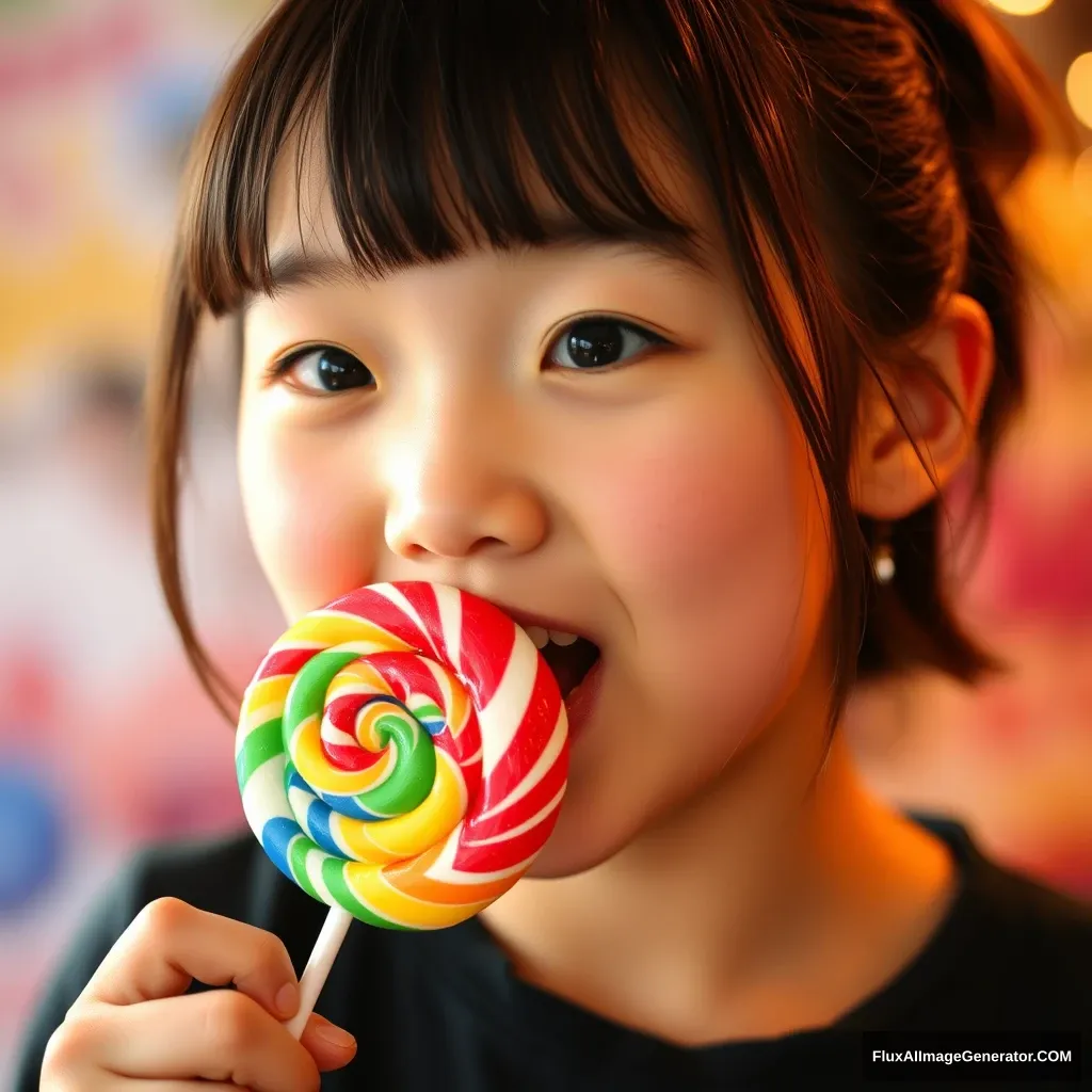 Asian girl eating rainbow-colored lollipops deliciously.