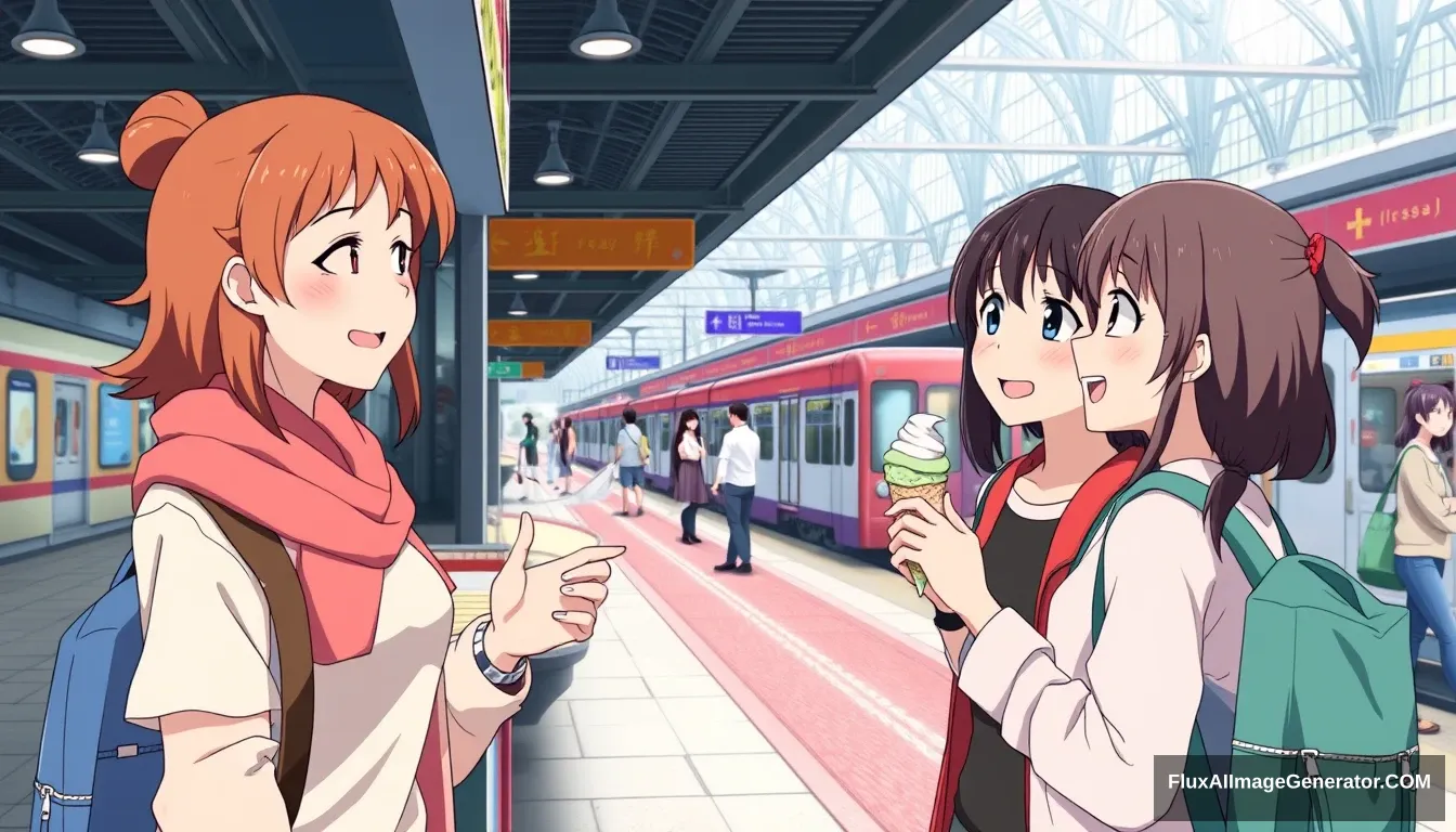 In a bustling train station plaza, a young woman's face lights up with delight as two cheerful teenage girls offer her a complimentary ice cream from their colorful popup stall. The girls greet the woman warmly, their infectious smiles matching her look of surprised joy at the unexpected kindness. As the woman savors the frozen treat, the girls bask in the satisfaction of bringing happiness to a stranger's day, creating a heartwarming vignette within the lively urban setting, anime style.