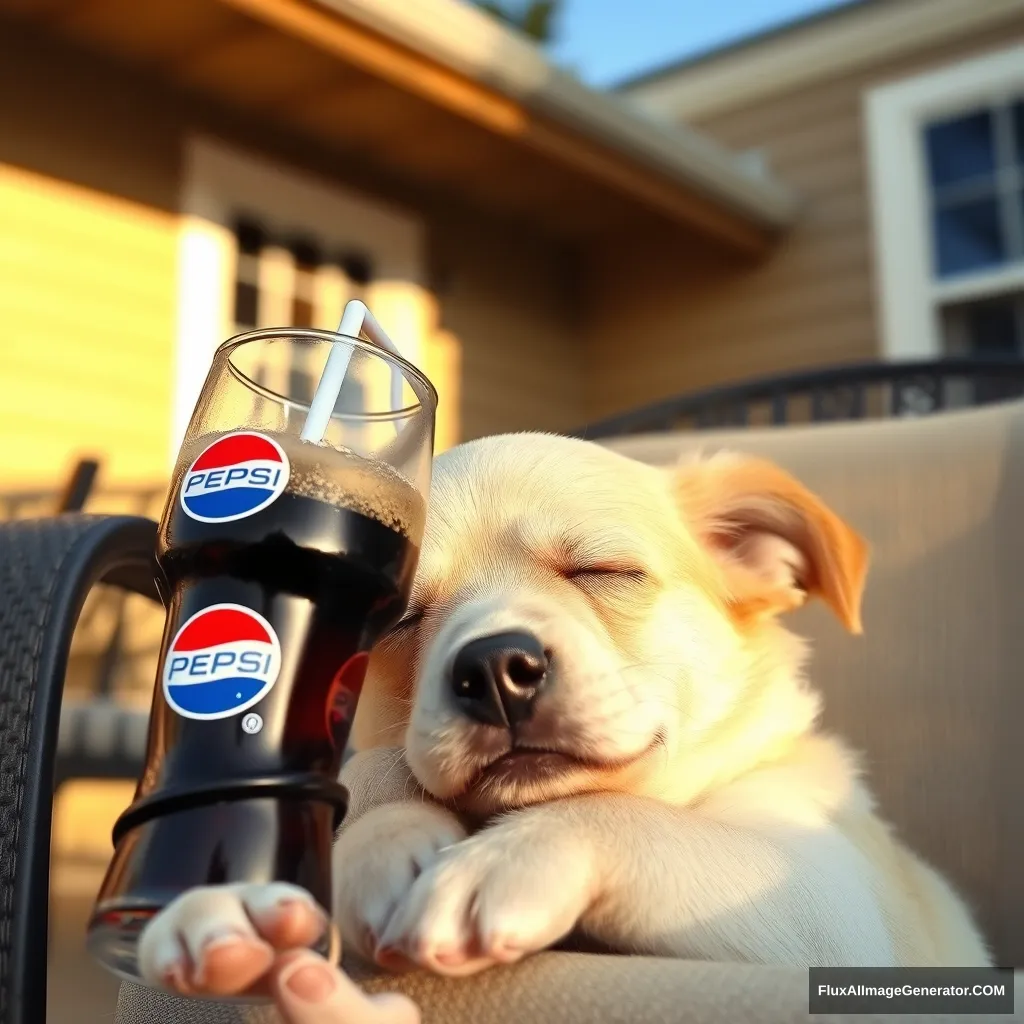 A little dog is drinking Pepsi with a straw, got drunk, and is sleeping on a chair in front of the house, with sunlight shining down from the top left.