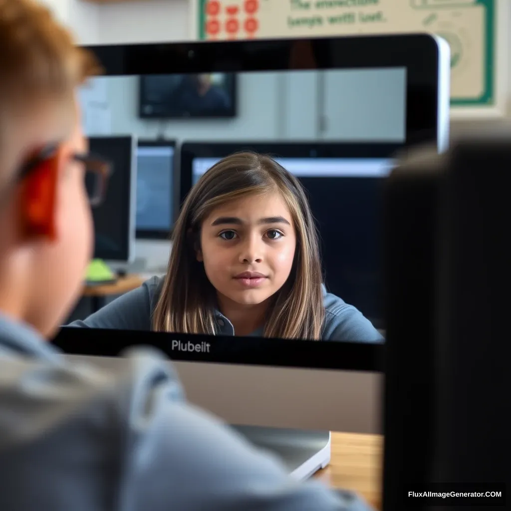 A student reflects their appearance on the computer screen. - Image