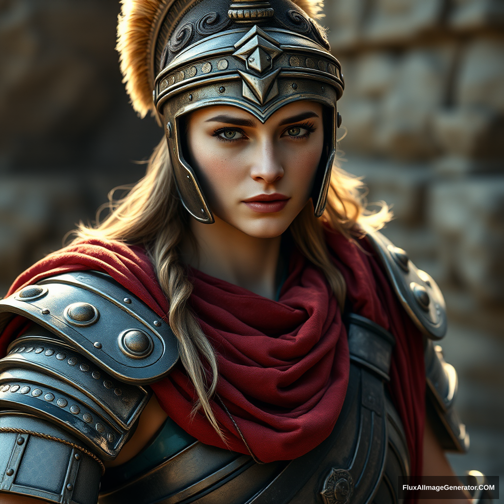 woman in ancient Greek armor, in the lens the whole body from head to toe, full photorealism, realistic facial skin, 8k