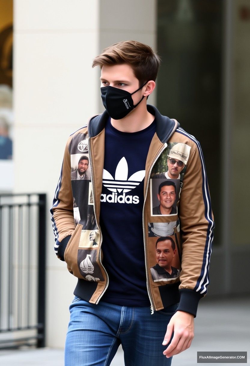 Jamie Dornan, youngest, black face mask, dark blue Adidas t-shirt, collage jacket, jeans, fit body.