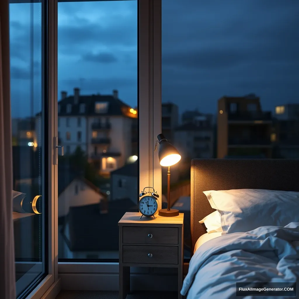 Glass window, modern apartment bedroom in France, a study lamp lighting, night scenery, 2:00 AM on a small clock at a small desk behind the bed, hyper-realistic, photorealistic. - Image