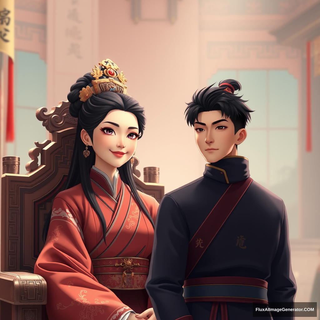 A middle-aged woman, a young man, the woman sits on the throne, the man stands in front of the throne, the woman's expression is a cold smile, the man's expression is resolute, it is daytime, in the grand hall of the palace, Chinese ancient style, hyper realistic, 3D anime style. - Image