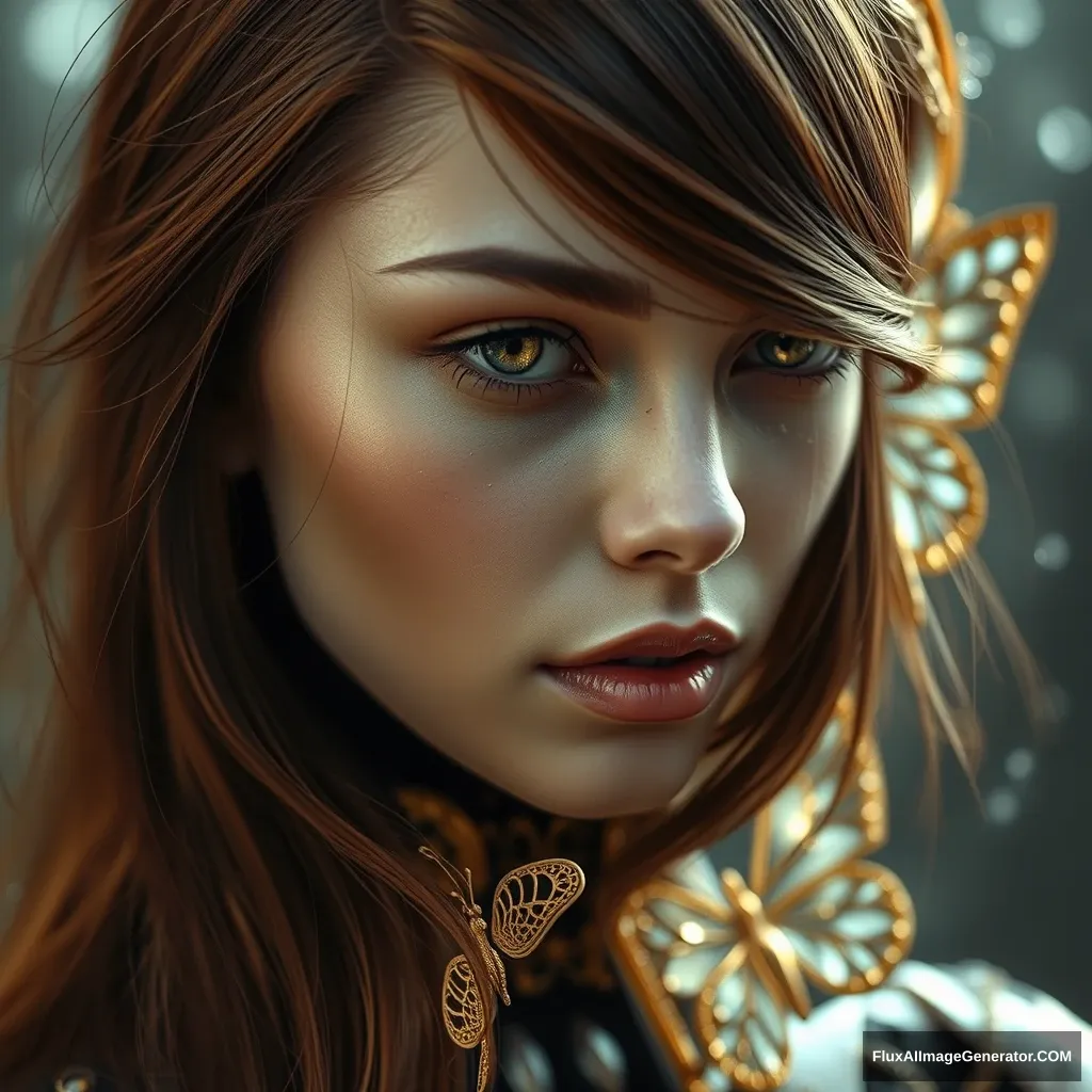 photo, 8k portrait of beautiful cyborg with brown hair, intricate, elegant, highly detailed, majestic, digital photography, art by artgerm and ruan jia and greg rutkowski surreal painting gold butterfly filigree, broken glass, (masterpiece, sidelighting, finely detailed beautiful eyes: 1.2), hdr, realistic, high definition.