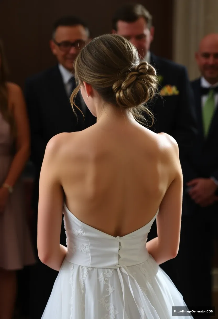 A young woman, sensitive, delicate, ashamed, wearing a backless, strapless, small-waisted wedding dress, in front of patriarchy, powerless.