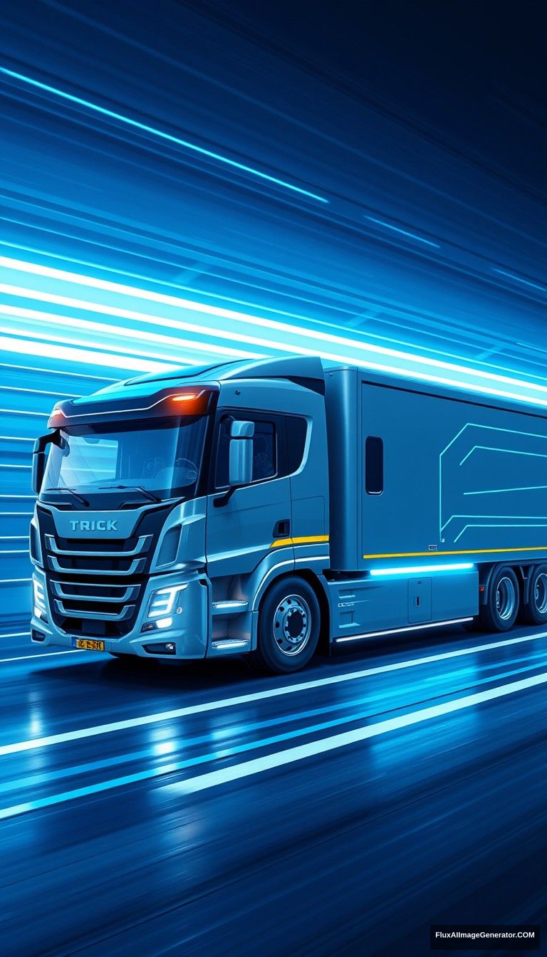 The truck has simple and dynamic lines, driving high-tech trucks, speed lines, glow, the overall picture is bright and clean, full of future sense, science and technology, blue atmosphere, side view, the truck shows the entire body. - Image