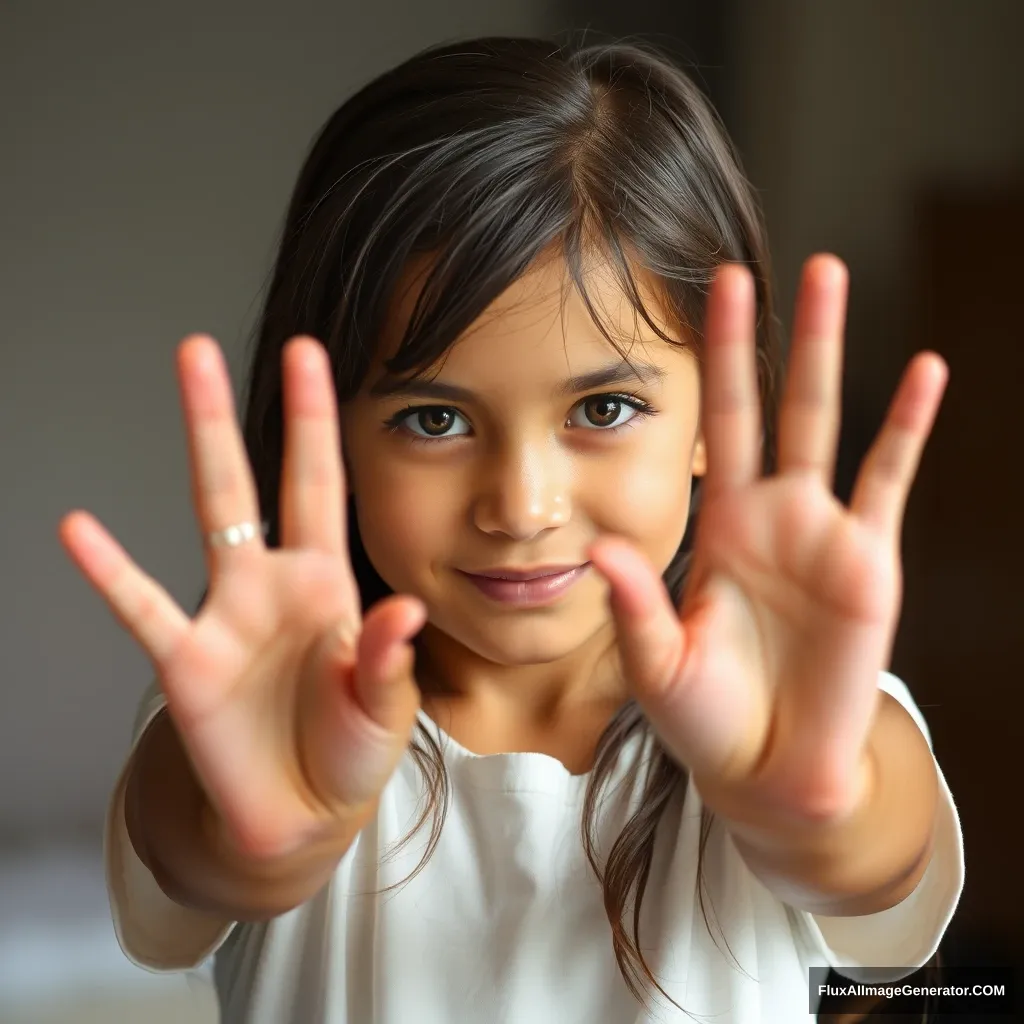 A beautiful girl holding up her hands, face in the background.