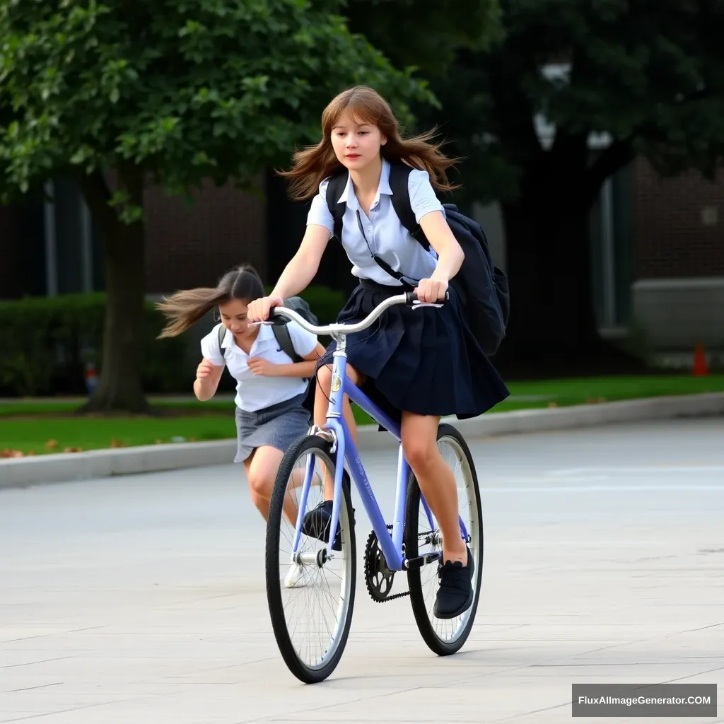 A female student is riding a bicycle in a skirt, while another girl is running behind her to catch up.