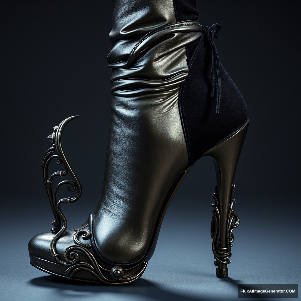 A high-fashion boot with a unique heel that represents a metallic sculpture of an entire woman's body in an artistic and sexy pose, embracing the heel and the boot body, with intricate details, leather, suede parts, nails, and lace. - Image