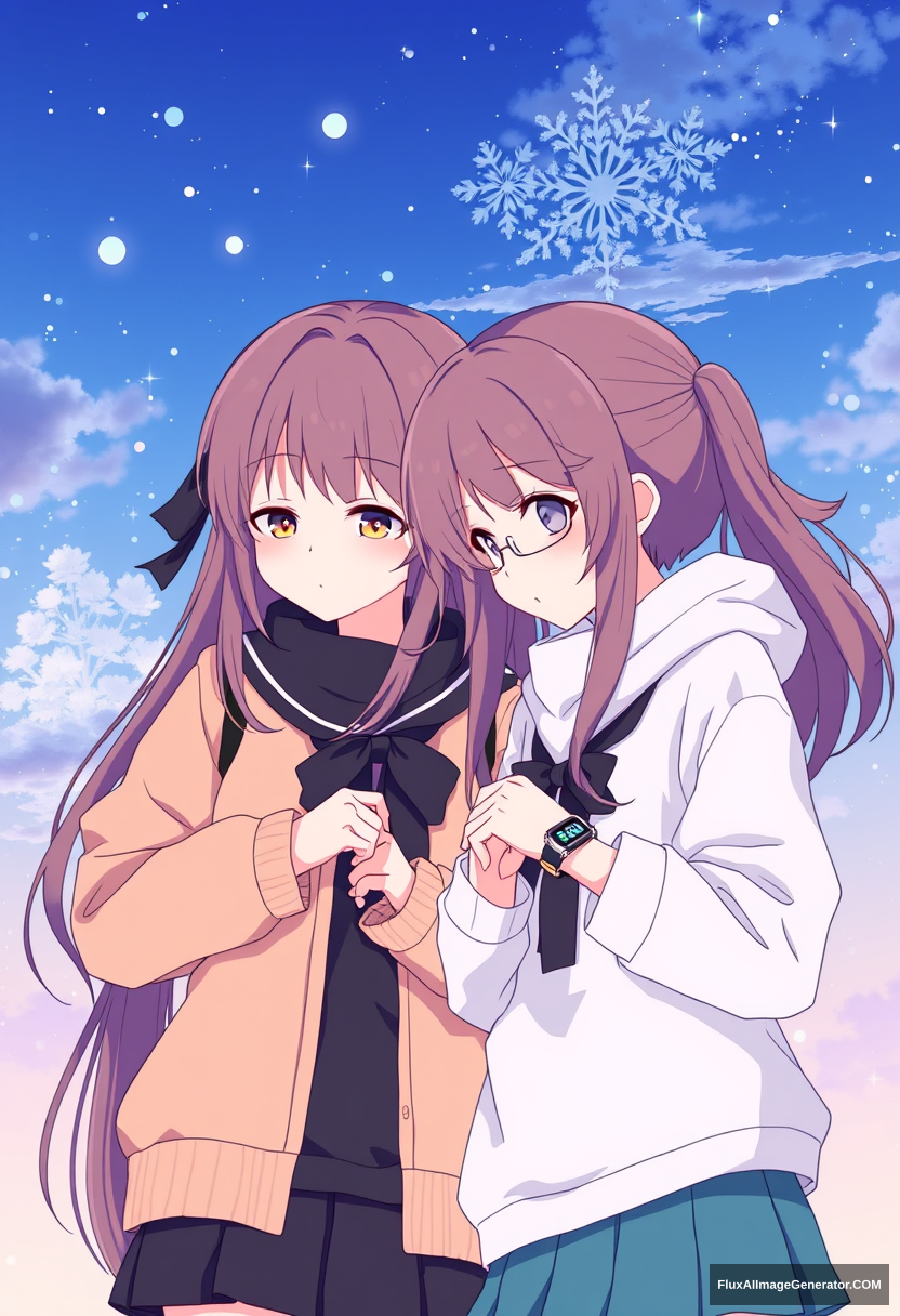 8k unity wallpaper of two girls standing side-by-side and looking at their watches, beautiful modern anime illustration.