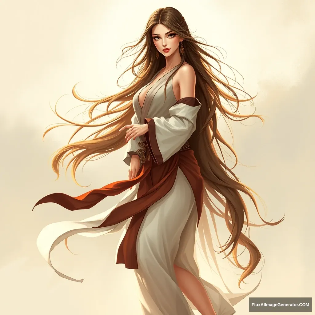 "Ancient-style beauty, charming and elegant, graceful and dynamic, full of style, long hair in ancient attire, long legs." - Image