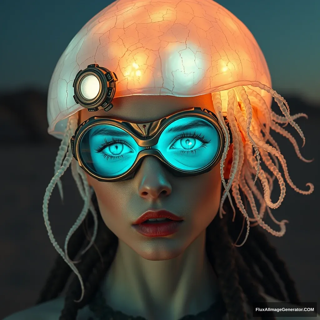 Ethereal cyborg woman, bioluminescent jellyfish headdress. Steampunk goggles blend with translucent tentacles. Cracked porcelain skin meets iridescent scales. Mechanical implants and delicate tendrils intertwine. Human features with otherworldly glow. Dreamy aquatic hues contrast weathered metal. Reflective eyes capture unseen worlds. Soft bioluminescence meets harsh desert backdrop. Fusion of organic and synthetic, ancient and futuristic. Hyper-detailed textures, surreal atmosphere.